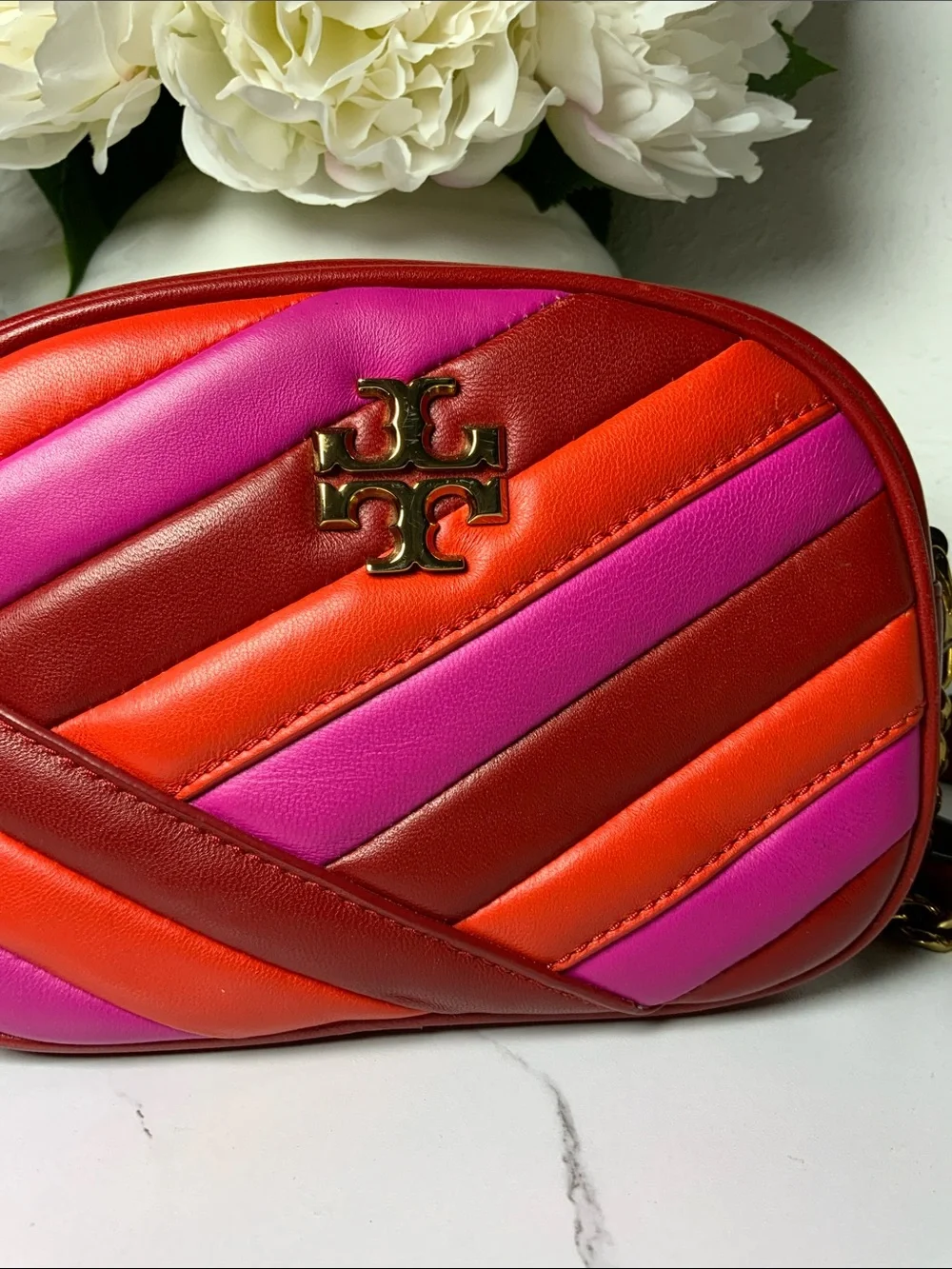Tory Burch Red, Pink & Orange Quilted Leather Crossbody Camera Bag